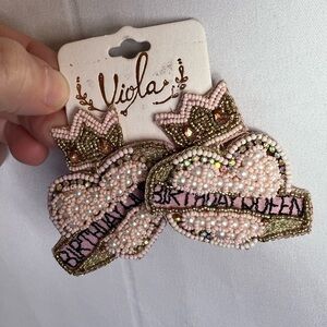 Viola Beaded Dangle Earrings Pink and Gold Crown with Heart Birthday Queen